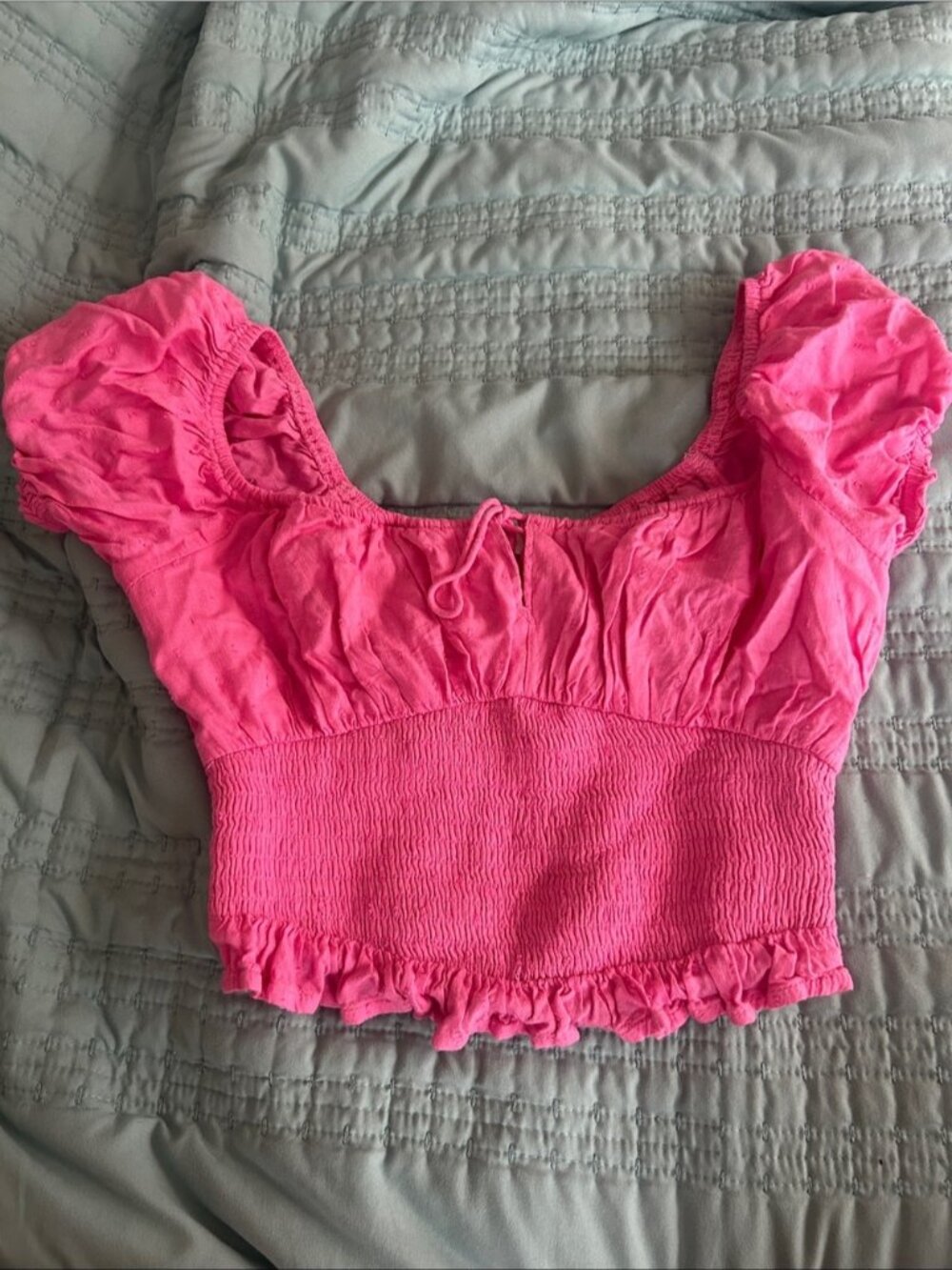 Pink Smocked Crop Top with Puff Sleeves